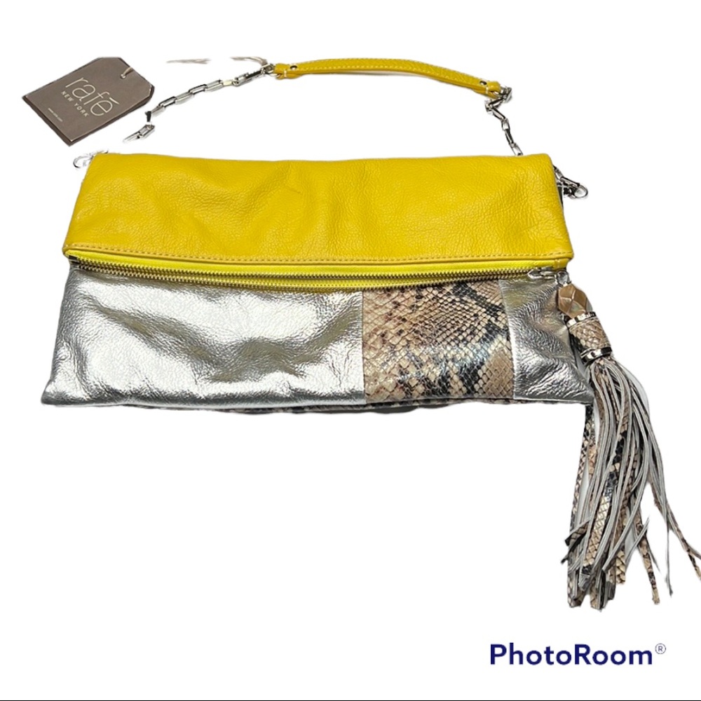 Rafe New York yellow/silver & animal print ANH fold over tassel clutch